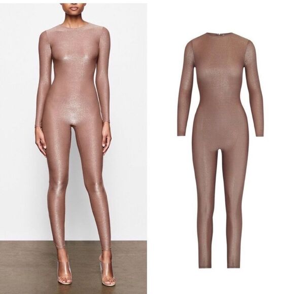 SKIMS Shimmer Glitter Catsuit Onesie Size Small in Umber Long Sleeve - Picture 2 of 10